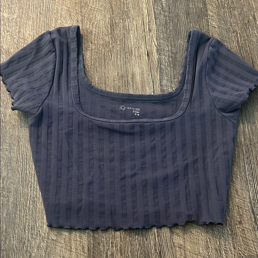 Aerie Blue Ribbed Crop Blouse Short Sleeve